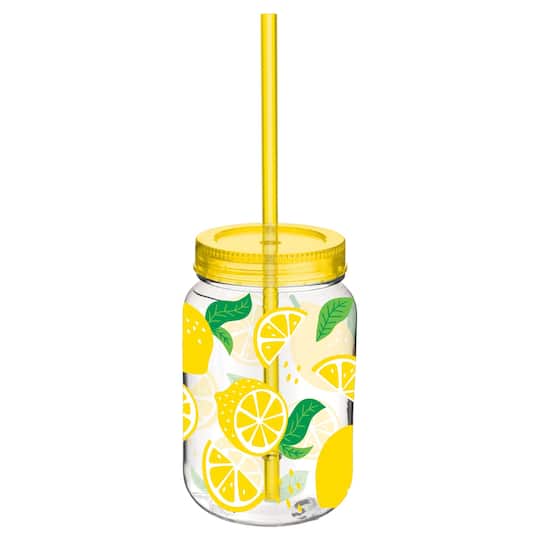 Summer Lemon Mason Jar Cup with Straw, 6ct.